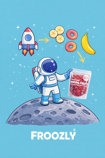 Cartoon-Illustration eines Astronauten auf dem Mond mit einer Froozly Verpackung gefriergetrockneter Erdbeeren vor türkisfarbenem Hintergrund.