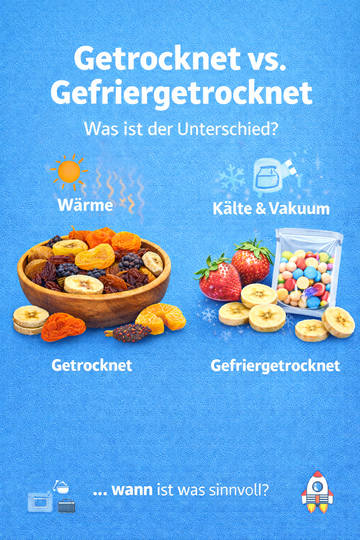 Vergleichsillustration von getrockneten und gefriergetrockneten Snacks und Früchten auf blauem Hintergrund