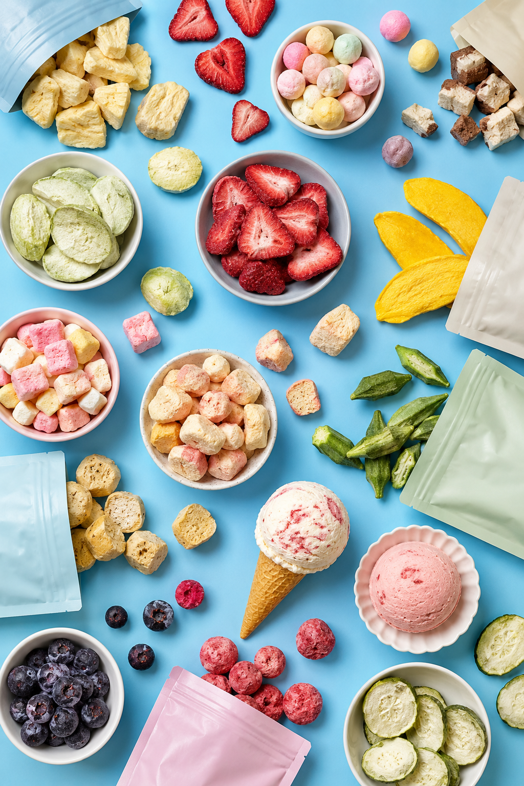 Gefriergetrocknete Snacks kaufen in Deutschland – Früchte, Candy und Ice Cream auf hellblauem Hintergrund